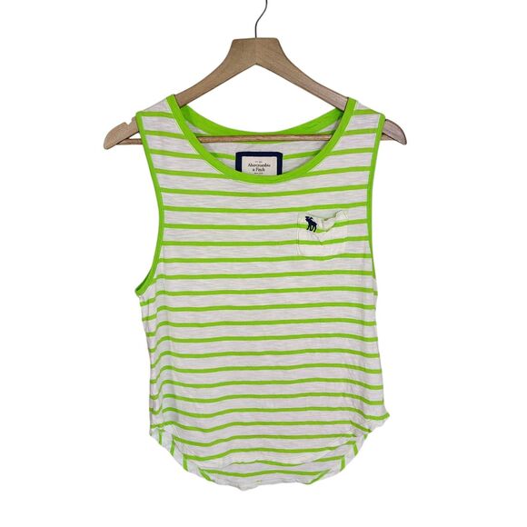 Abercrombie & Fitch Neon Green Striped Tank Top XS Logo Pocket Preppy Y2K Beachy - Picture 1 of 10